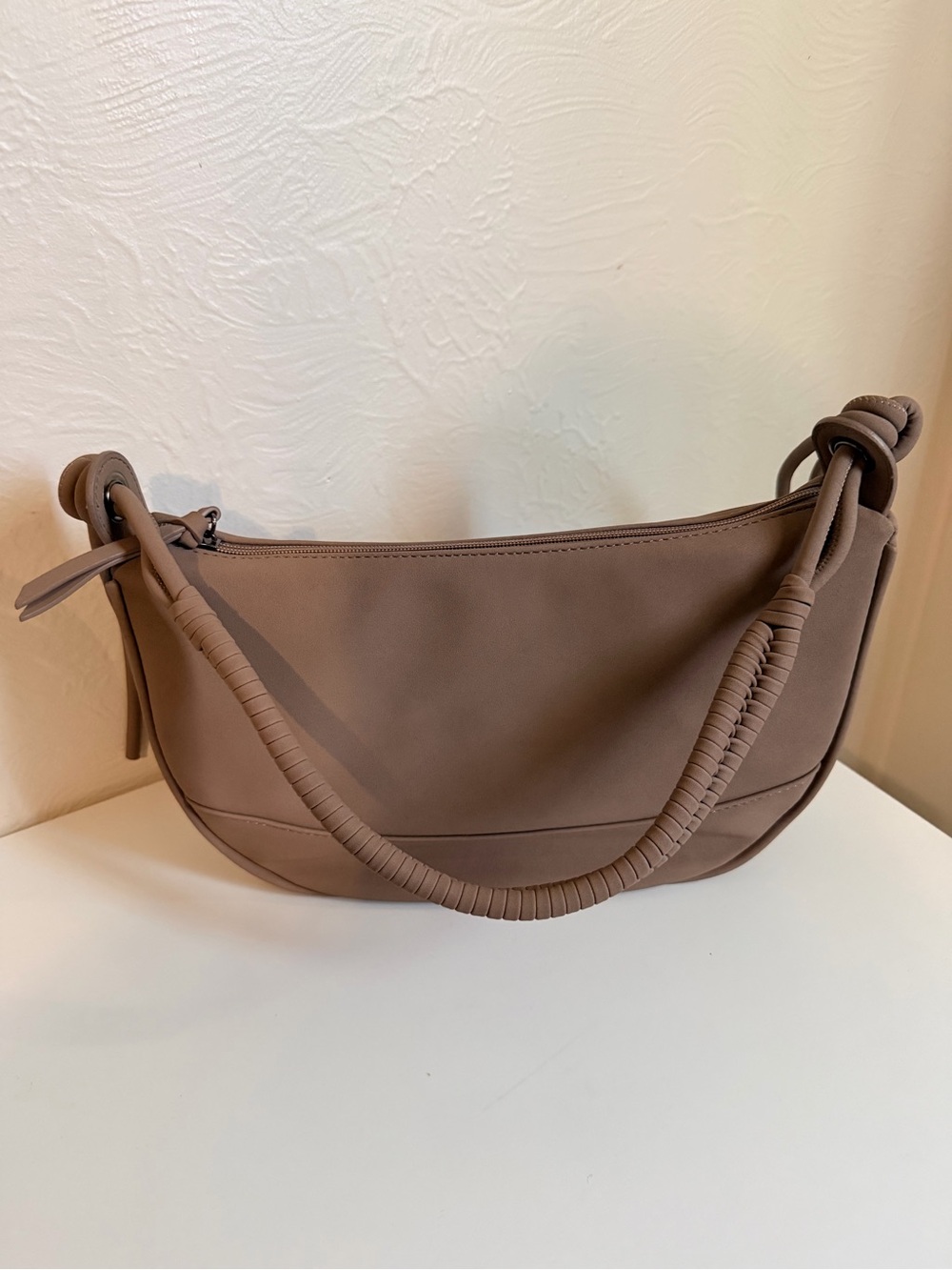 Taupe Crescent Hobo Bag with Wrapped Handle